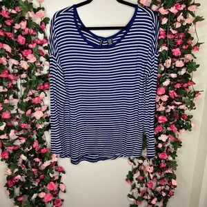 No Comment Blue White Striped Zipper Back Detail Blouse Womens XL